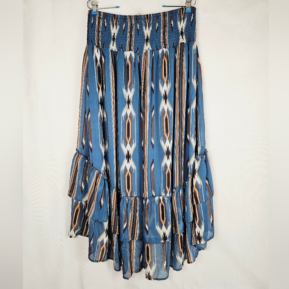 NWT Ariat Chimayo Blue and Brown High Low Smocked Maxi Skirt Size Large - Picture 4 of 5
